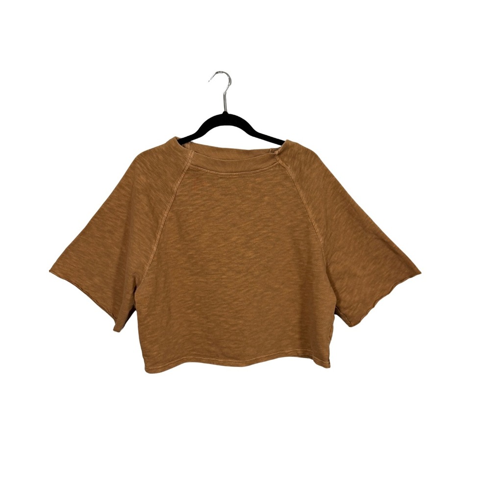 Aerie Brown Cropped Short Sleeve Sweatshirt Raglan Raw Hem XS